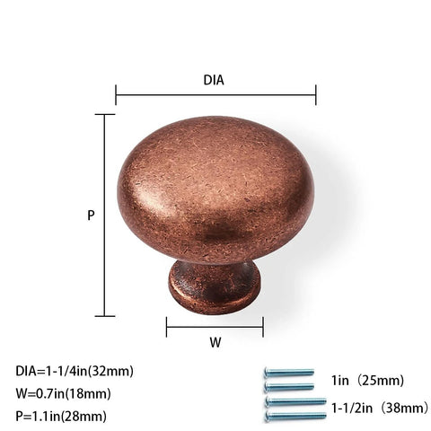 Antique Copper Cabinet Knob with dimensions and screws visible, part of Antique Copper Cabinet Knobs 10 Pack Center Mount 1-1/4 Inch Zinc Vintage Retro Drawer and Kitchen Cabinet Pull Hardware for Cabinets, Drawers, Dressers, and Closets with Included 1 Inch and 1.5 Inch Screws.