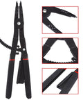 Heavy Duty 16 Inch Circlip Pliers Set 2 Pack Internal and External Snap Ring Pliers With 0 15 45 90 Degree Tips Heat Treated Steel Black Oxide Finish and PVC Handles for Quick Easy Snap Ring Installation and Removal, close-up view of pliers and tips.