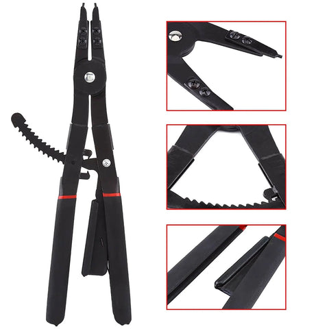 Heavy Duty 16 Inch Circlip Pliers Set 2 Pack Internal and External Snap Ring Pliers With 0 15 45 90 Degree Tips Heat Treated Steel Black Oxide Finish and PVC Handles for Quick Easy Snap Ring Installation and Removal, close-up view of pliers and tips.