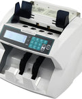 High Performance Digital Money Counter Machine With Uv Mg Ir Sensors Built Tough For Canadian Polymer Bills And Global Currency Stacks, white with dual hopper and LCD display.
