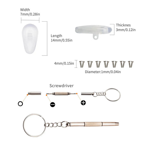 Super Comfy Air Chamber Nose Pads For Glasses With Grippy Silicone Pad Replacement and Straightforward Screw In Install Including Full Glasses Repair Kit For Eyewear And Shades Transparent Look with screws and screwdriver included.