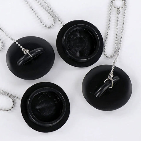 Bathtub Drain Stopper with Rubber Bath Plug in black, featuring removable chain for ease of use, designed for various drain types.