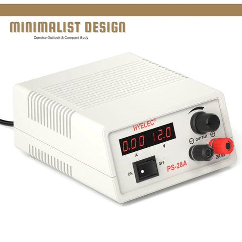 Adjustable DC Power Supply With Dual LCD Display Dope Benchtop Power Supply Regulated 3V To 12V Outputs 4.5V 6V 7.5V 9V 12V 1.5-15VDC Up To 2A Fuse Protected Low Noise 90-253VAC Input PS-28A showing front view with control knobs