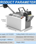 Precision Electric Heat Shrink Tube Cutter Machine With Digital Mic Control showing product parameters and dimensions.