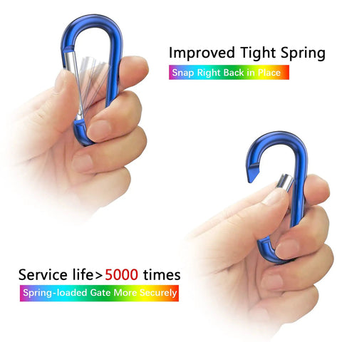 Badass 3 Inch Aluminum Carabiner Clips Packing Nifty Spring Snap Hooks And Slick Steel D Rings For Your Hella Durable Dog Leashes Camping Tents And Daily Loadouts 10 Piece Bundle shown in hand with improved tight spring.