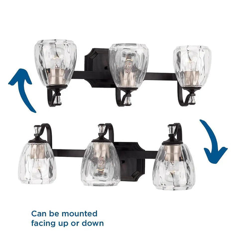 Anjoux Collection 3-Light Clear Water Glass Luxe Bath Vanity Light Antique Bronze Modern Bathroom Lighting Fixture Mounting Options