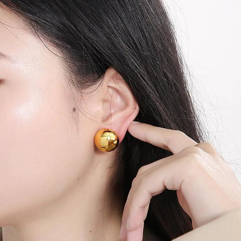 Half Ball Stud Earrings for Women, Gold Tone 20mm Round Ball Jewelry, Minimalist Yet Bold Everyday Earrings, Lightweight 3.2g, Gold Plated Stainless Steel, Lead Free, wearing on ear