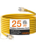 25 Ft Outdoor Extension Cord 12 Gauge SJTW Heavy Duty Waterproof Yellow 3 Prong Power Cable for Garden