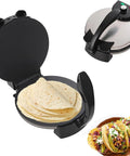 12 Inch Electric Tortilla Press And Roti Maker Adjustable Heat Control with tortillas cooking in a black non-stick griddle.