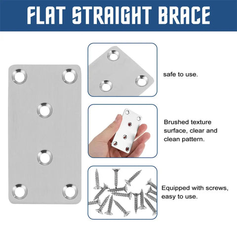 Stainless Steel Furniture Braces Set Flat Straight Brackets For Wood Repair and Fixing, burr-free finish, with screws included