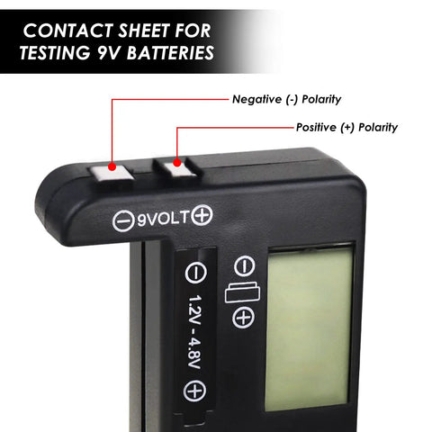 Easy Read Battery Checker Digital Capacity Tester For AA AAA C D 9V 1.5V Button Cells And 3.7V Li Batteries Fast Health Readout Dope Gadget For Home Shop And DIY Tech, 9V contact sheet