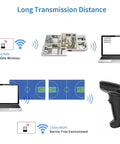 Diagram showing Wireless Barcode Scanner 2 In 1 With 2.4GHz Wireless And USB 2.0 Wired Connection transmitting data to laptops.