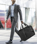 Man with Underseat Travel Duffel Bag 25L Foldable Personal Item For Women And Men Fits Spirit And Frontier Size Under Seat Carry On Luggage Black With Thick Lining And Internal Organization For Easy Packing