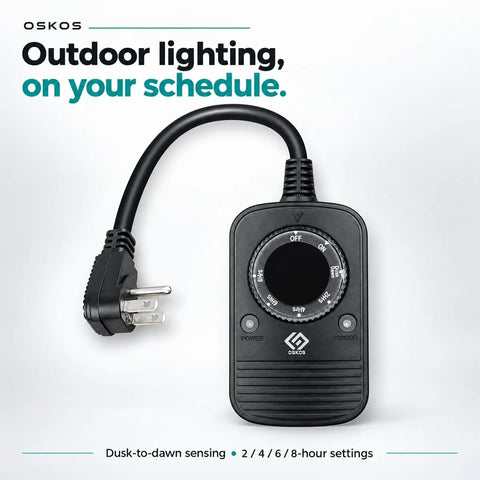 Programmable Outdoor Light Timer Featuring Automatic Dusk To Dawn Photocell Sensor and Flexible 2 4 6 8 Hour Cycles, black timer with cord.