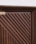 Close-up of Solid Wood Shoe Cabinet Featuring Modern Minimalist Profiles Tailored For Tight Foyer Layouts, showing grooves and handle.