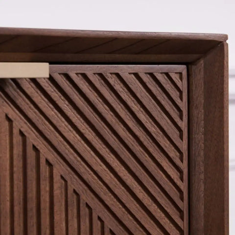 Close-up of Solid Wood Shoe Cabinet Featuring Modern Minimalist Profiles Tailored For Tight Foyer Layouts, showing grooves and handle.