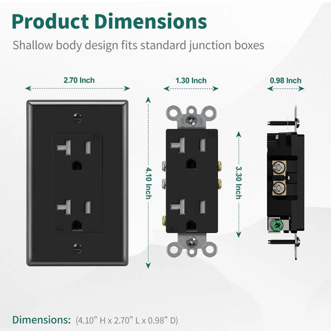 Tamper Resistant Decorator Receptacle Outlet 20 Amp 125 Volt Grounding With Wall Plate Black Pack Of 50 UL Listed dimensions