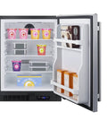 Top Tier Four Cu Ft Upright Frost Free Freezer Crafted In Brushed Stainless Steel Featuring Ada Compliant Height And Easy Access Doors with open door showing organized ice cream and frozen goods.