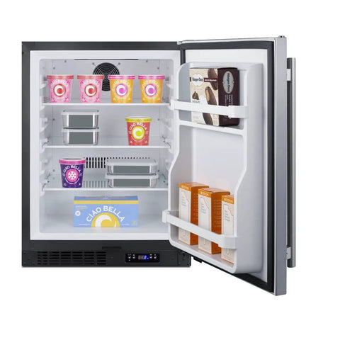 Top Tier Four Cu Ft Upright Frost Free Freezer Crafted In Brushed Stainless Steel Featuring Ada Compliant Height And Easy Access Doors with open door showing organized ice cream and frozen goods.