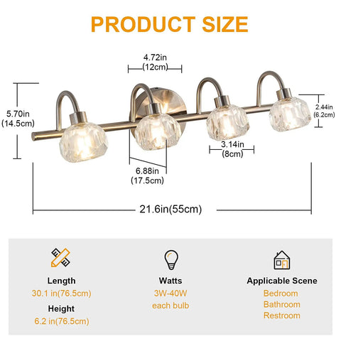 Product dimensions for Modern 4 Light Bathroom Vanity Light Over Mirror with Crystal Glass Shade LED Wall Fixture