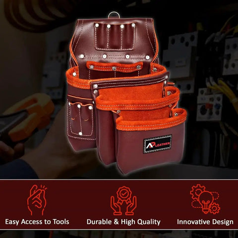 Premium Oil Tanned Leather Tool Belt And Pouch Set For Carpenters Pro Grade Heavy Duty 28 Pocket Maroon Tool Belt With Stainless Steel Buckle
