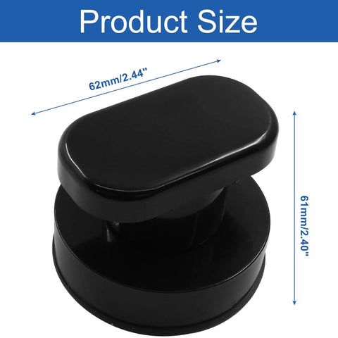Black ABS suction cup handle for glass, mirrors, doors, cabinets; 62mm length, 61mm height; 2 Pack Powerful Suction Cup Handles For Glass Mirrors Doors Cabinets And Bathrooms Heavy Duty 7.5 Kg Capacity Ideal As Shower Bathtub Rail Armrest Refrigerator Drawer And Kitchen Cabinet Knob Black ABS Construction. Size dimensions shown.