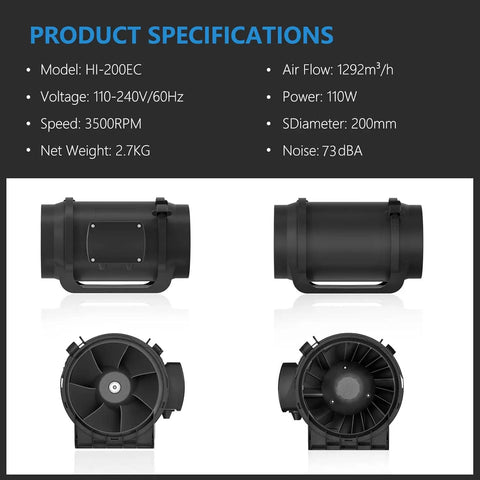 8 Inch Inline Duct Fan With 760 CFM And Variable Speed EC Motor for heating, cooling, grow tents, hydroponics, quiet airflow