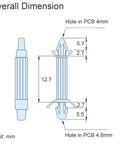 Diagram of Double Head PCB Spacer With Reverse Locking Aircraft Style Nylon Insulation Bracket for 12.7mm height with 4mm and 4.8mm hole fits.