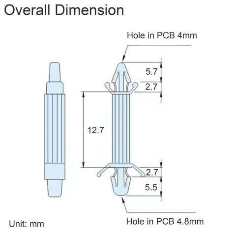 Diagram of Double Head PCB Spacer With Reverse Locking Aircraft Style Nylon Insulation Bracket for 12.7mm height with 4mm and 4.8mm hole fits.