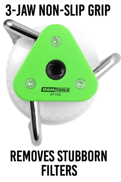 Top view of Adjustable Three Jaw Oil Filter Wrench with green non-slip grip and OEMTOOLS branding, fits spin-on filters.