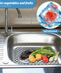 Heat Resistant Silicone Sink Mats for Kitchen, Two Pack 13.8 by 11.4 Inches, Raised Feet Design Elevates Mats for Quick Drainage image of vegetables on mat