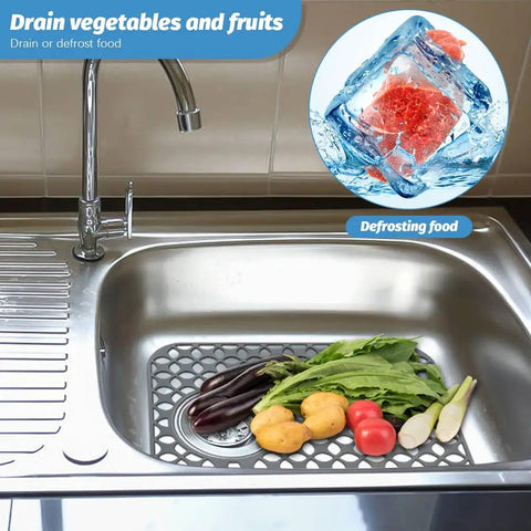 Heat Resistant Silicone Sink Mats for Kitchen, Two Pack 13.8 by 11.4 Inches, Raised Feet Design Elevates Mats for Quick Drainage image of vegetables on mat