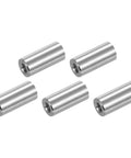 M5x0.8 Round Coupling Nuts 20mm Long Five Pieces 304 Stainless Steel Fasteners For Industrial Construction Rod Bar Connectors Built To Last Beefy Tough As Nails Silver Finish, five-pack on white