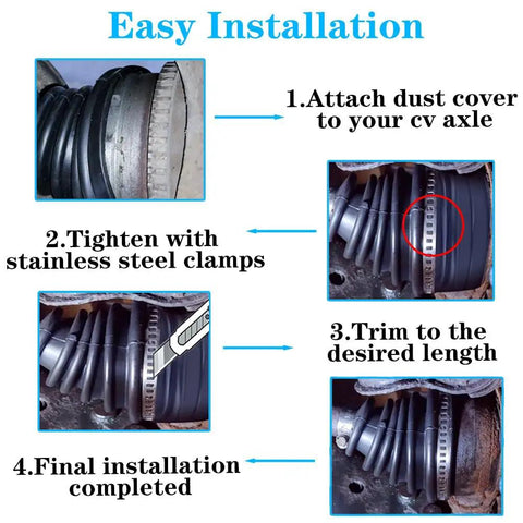 Steps for installing 2 Pack Silicone CV Boot Repair Kit With Waterproof Dustproof Seal, Beefy 4 Stainless Steel Clamps And 6 Cable Ties