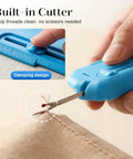 3 In 1 Magnetic Seam Guide For Sewing Machine With Built In Scale And Seam Ripper, blue tool snipping thread on fabric