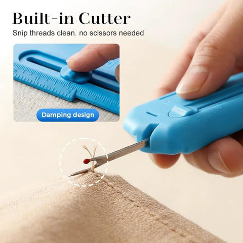 3 In 1 Magnetic Seam Guide For Sewing Machine With Built In Scale And Seam Ripper, blue tool snipping thread on fabric