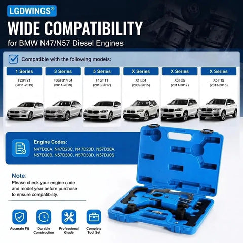BMW Timing Tool Kit With Camshaft Locking And Crankshaft Alignment Set For N47 N47S N57 2.0L 3.0L Diesel Engines detailed compatibility chart