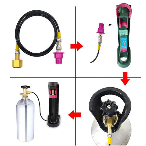 CO2 Adapter Quick Connector Plastic Hose for Sparkling Water Machines in use with CO2 tank and connection steps shown.
