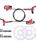 Heavy Duty Hydraulic Disc Brake Set With 160mm Rotor And Aluminum Mountain Bike Calipers Featuring Rad Dual Piston Braking For Gnarly Trails And Slick Street Commutes Front Rear Kit with red calipers and two rotors.