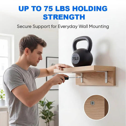 Man installing shelf using 50 Piece Self Drilling Drywall Anchor And Screw Kit With Zinc Coated Steel Screws for heavy-duty support.