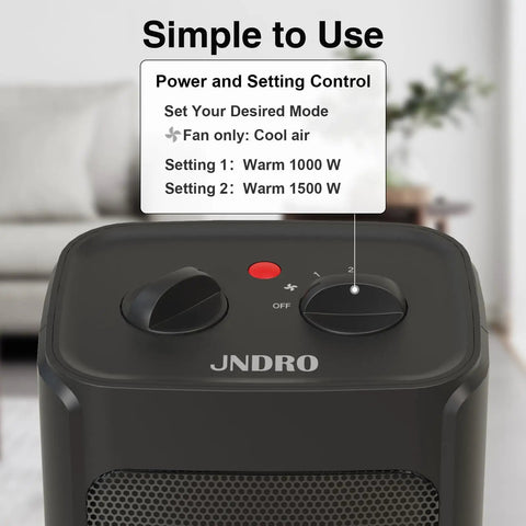 Close-up of control panel on Two In One Portable Space Heater With 1500W And 1000W Settings, Quiet Ceramic Heater with fan and settings dial