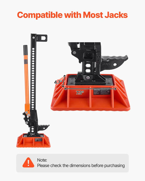 VEVOR High Lift Jack Base And Handle Keeper 11.6 Inch Off Road Support Stand with jack dimensions 7.3 inch and 4.7 inch for heavy duty use.