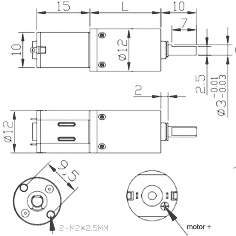 N20 Micro Metal Planetary Gearbox Reducer Motor With 64 To 1 Step Down Ratio dimensions drawing with detailed measurements.