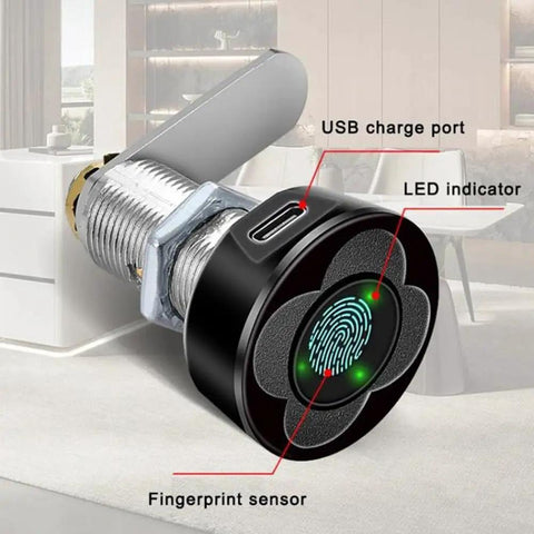 Slick Smart Drawer Fingerprint Lock With Lightning Fast Unlock And No Sweat Charging For Tv Console Bedroom Nightstand Shoe Rack And Office Locker In Rock Solid Aluminum Black Setup showing fingerprint sensor, USB port and LED indicator.
