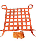 Front view of orange flat nylon hoisting net with 10 cm square mesh and bundled lifting straps