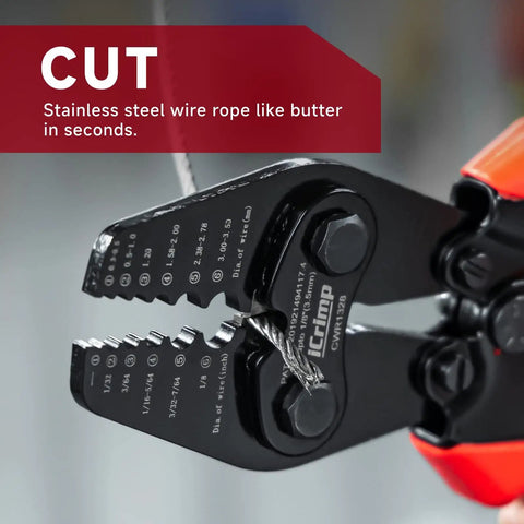 Heavy Duty Wire Rope Crimping Tool With Built In Cutter cutting wire close-up for cable railing and decking projects