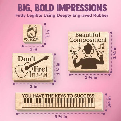 Slick Music Teacher Grading Stamps With Bold Red And Black Ink Pads And Convenient Refill Pack For Quick Classroom Feedback That Is A Total Class Saver And Major Game Changer. Set of four deeply engraved rubber stamps on wood bases for classroom use.