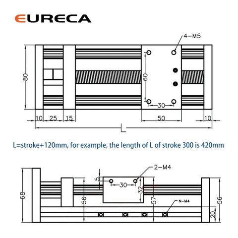 Technical drawing of Woodworking Ball Screw Linear Guide Motion Rail Slide for CNC Machines, with measurements and details.