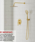 Gabrylly brushed-gold shower head system with 10-inch rainfall head and handheld spray