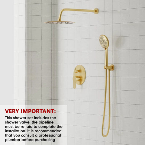 Gabrylly brushed-gold shower head system with 10-inch rainfall head and handheld spray